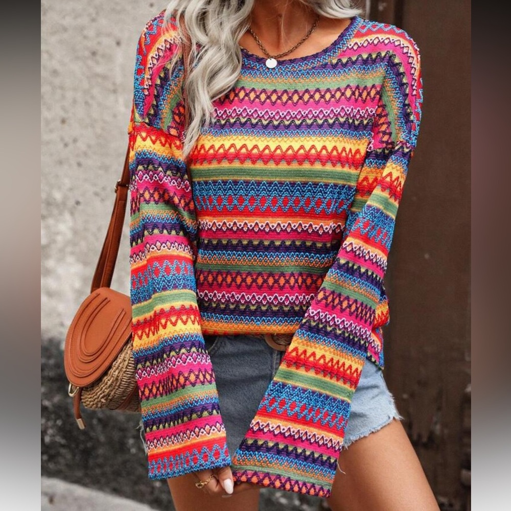 Rainbow striped bell sleeve knit striped boho long sleeve top orange blue pink - Picture 2 of 7